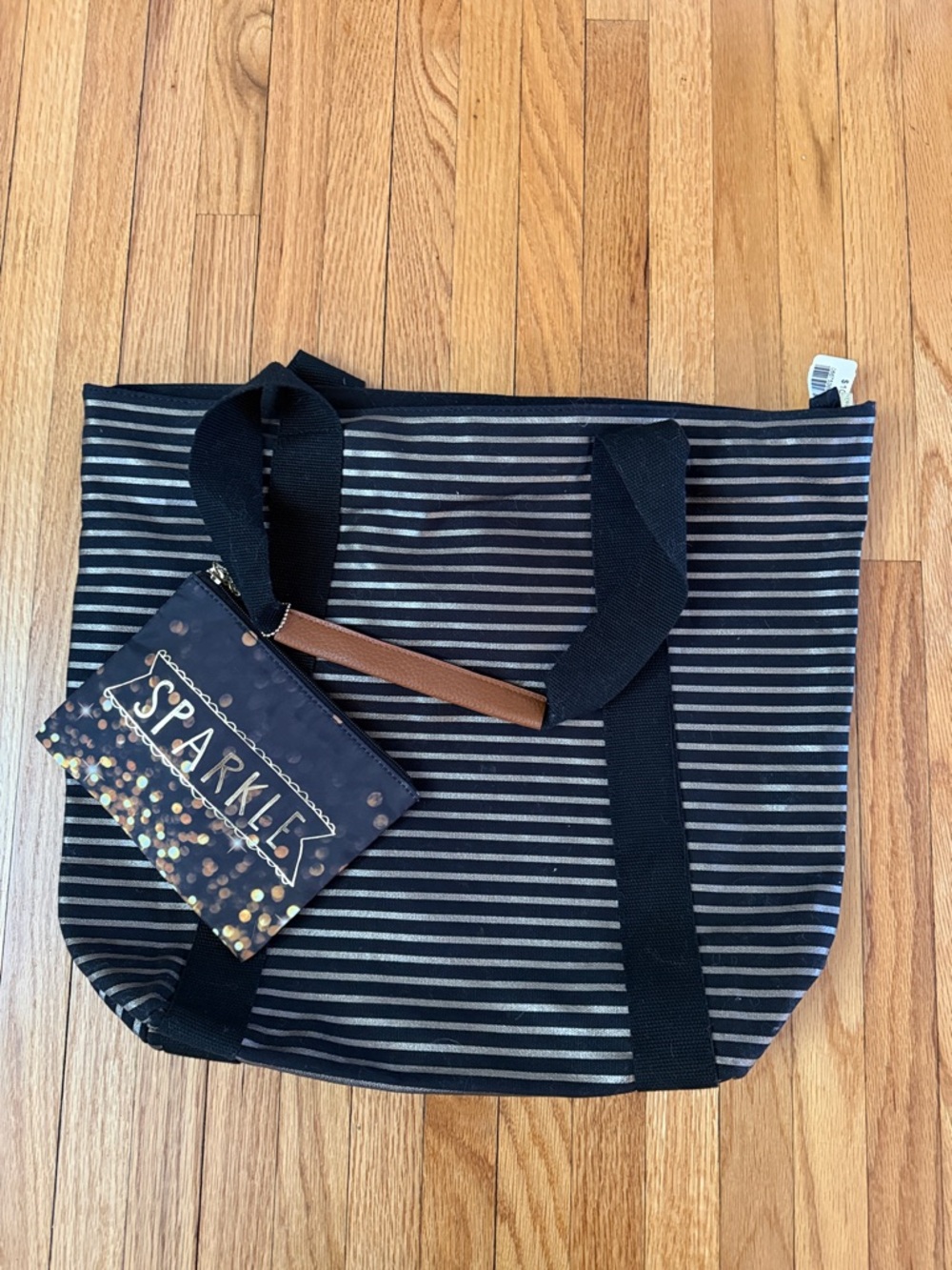 Victoria's Secret Black and Copper Striped Tote with 'Sparkle' Pouch